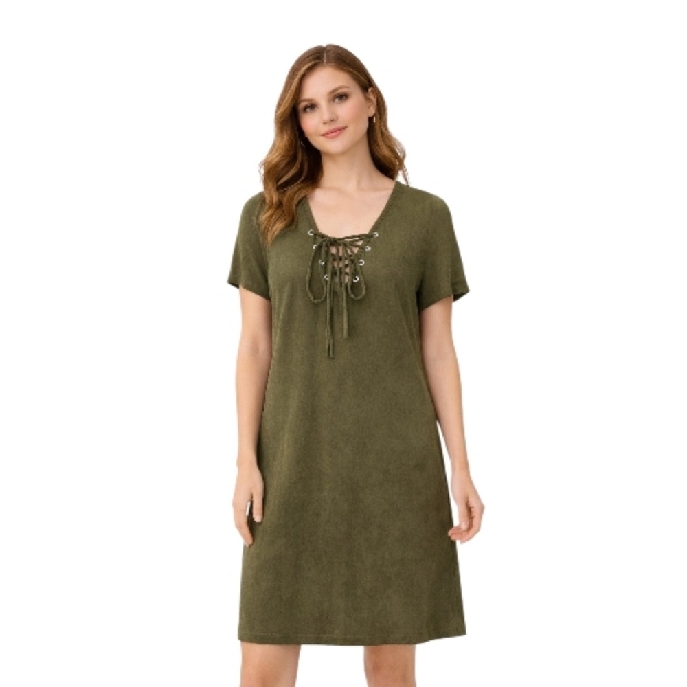 mm mm mm Green V-Neck Mini Dress Short Sleeve Faux Suede Size Large